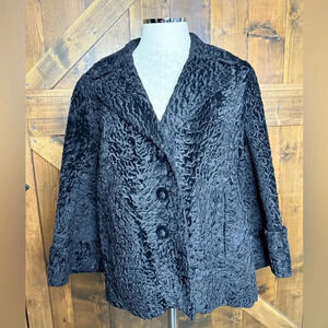 Vintage Persian Curly Lamb Swing Coat Black Round Buttons Short Size M